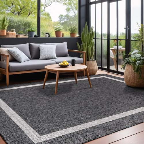 Bordered Outdoor Rug 10x14 Washable Outside Carpet for Indoor Patio Porch Waterproof Easy Cleaning Non Shedding Area Rugs Gray 10 x 14
