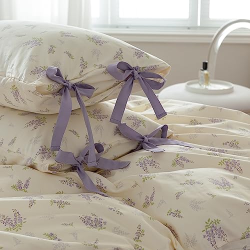Lilac Comforter Set Twin XL Girls Purple Flower Bedding Comforter Vintage Garden Floral Comforter Set Fluffy Soft Botanical Comforter with 2 Bow Ties Pillowcases for Girls Women Twin XL Size