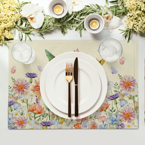 Flowers Bird Spring Summer Placemats Set of 4 Watercolor Floral Hummingbird Butterfly Place Mats 12x18 Inch Wildflowers Grass Seasonal Farmhouse Linen Table Mat for Kitchen Dining Decor (4 Count)