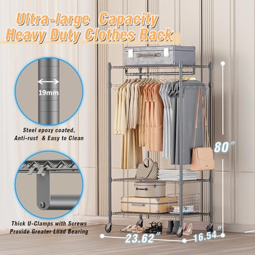 Narrow Rolling Garment Rack with Double Rods and 3 Adjustable Shelves