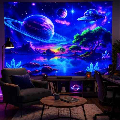 Blacklight Tapestry Alien UFO Party Wall Decor 78 x 59 Inch