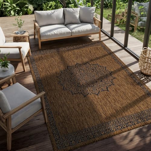 Outdoor Rug 8x10 Medallion Gold Modern Area Rugs for Indoor and Outdoor Patios Kitchen and Hallway Mats Washable Porch Deck Outside Carpet (80 Sq Ft)