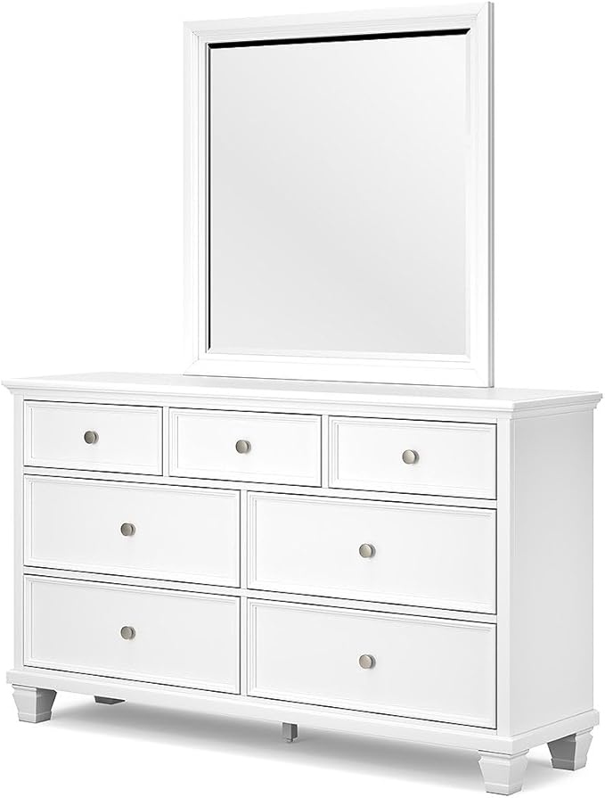 Signature Design by Ashley Fortman Casual Dresser and Mirror, Tapered Feet, 7 Storage Drawers, Round Satin Nickel Metal Knobs, Wood, 74.13" High, White