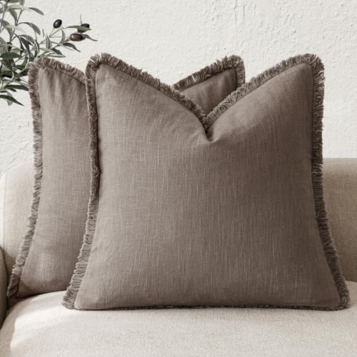Decorative Linen Fringe Throw Pillow Covers 16×16 Light Coffee (2 Count)