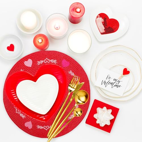 4 Pcs Round Valentine's Day Red Pink Placemats Embroidered Place Mats Love Heart Table Mat Decorative Dinner Table Mats for Home Wedding Anniversary Party Decor (4 Count)