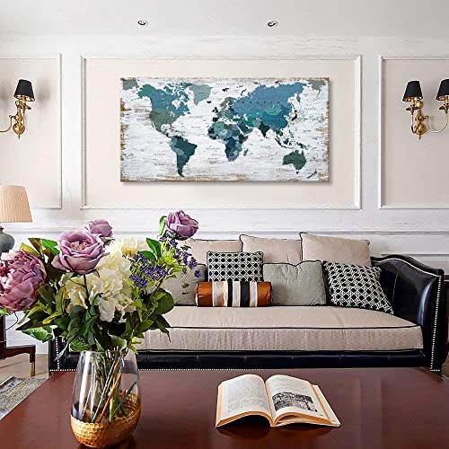 Teal Decor World Map Canvas Wall Art Pictures for Living Room Wall Decoration Blue Wall Decor Office World Map Wall Art Picture Framed Artwork for Home Bedroom Decoration 30"x60"