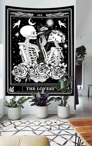 The Lovers Skull Tapestry Gothic Tapestry Vertical Black and White Skeleton Gothic Witch Sun Moon Floral Plant Snake Tapestries Wall Hanging Decor for Bedroom Dorm Room 30 x 40 Inches
