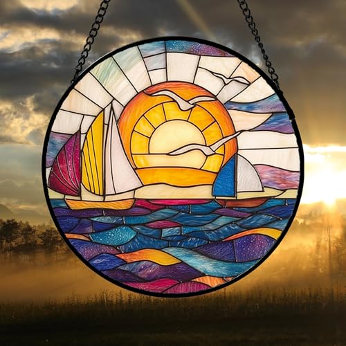 Sunset Sailboat Stained Glass Window Hanging Suncatcher Gifts Decor 15"