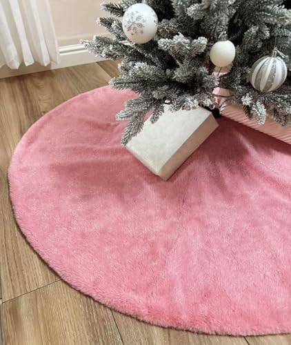 48 Inch Faux Fur Christmas Tree Skirt Pink Shiny Plush Skirt for Merry Christmas Party Christmas Tree Decoration