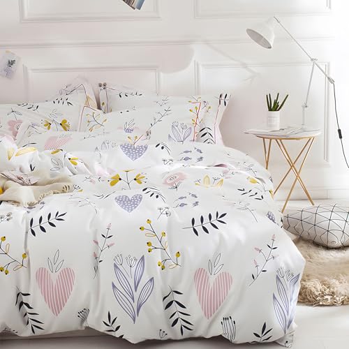 Girls Floral Comforter Set Twin XL Chic Flowers Leaves Pattern Comforter with 2 Pillowcases Fluffy Soft Cute Floral Bedding Set 3 Pieces Cottagecore Bedding Vintage Flowers Botanical Comforter Set