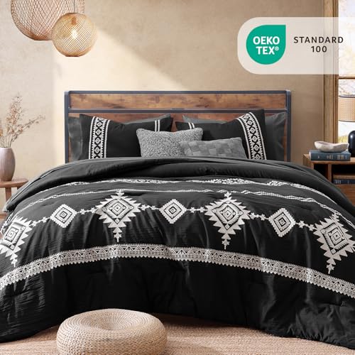 Embroidery King Size Comforter Set 7 Pieces Black Bed in a Bag