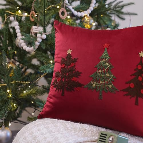 Christmas Tree Pillow Covers 18x18 Inch Red Embroidered Tree Throw Pillows for Holiday Decorations