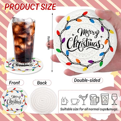Merry Christmas Cotton Coasters Colorful Light Bulb Handmade Braided Drink Coasters Absorbent Cup Mats for Xmas Holiday Party Home Table Decor (4 Count)