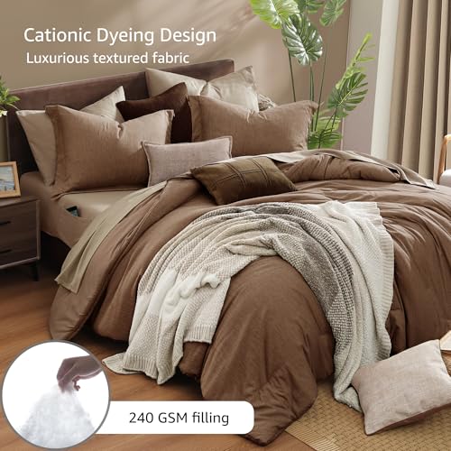 King Size Comforter Set 7 Pieces Brown Cationic Dyeing Bed in a Bag