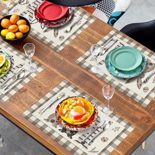 Easter Bunny Buffalo Plaid Placemats Set of 4 Rabbit Spring Egg Dining Table Placemats 12x18 Inch Check Brown White Heat Resistant Washable Table Mats for Kitchen Dining Holiday Indoor (4 Count)