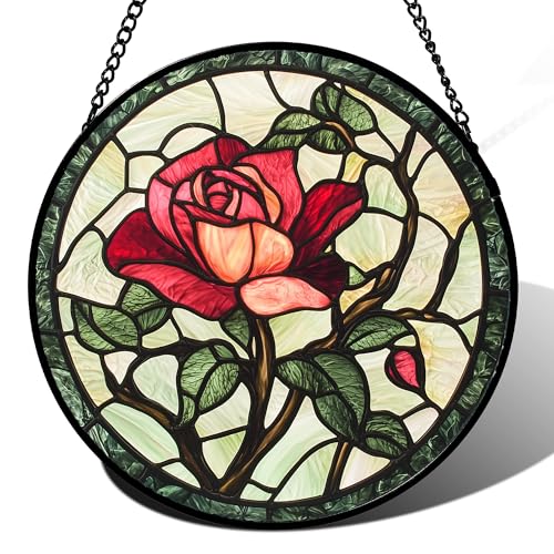 Stained Glass Window Hanging Red Rose Suncatcher Gifts for Women 6.3"