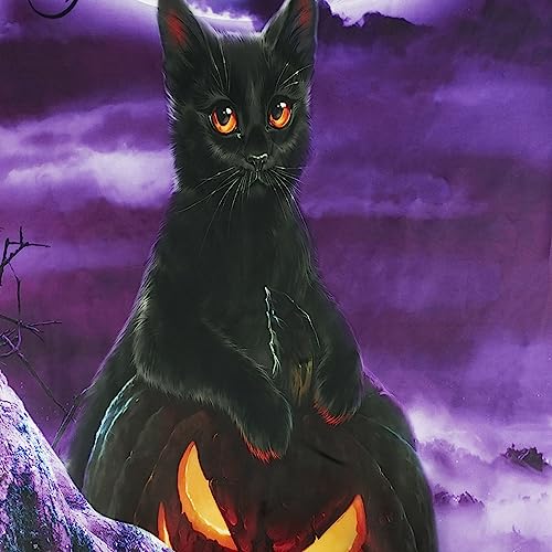 Halloween Wall Tapestry Horror Witch Cat and Dead Tree Pumpkin Lights with Spooky Graveyard Tapestry Purple Full Moon over Misty Forest Wall Art Decor for Bedroom Living Room Dorm 59x51 Inches