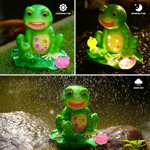 Upgraded Size Solar Garden Outdoor Statues Frog Mother and Little Frog with 6 LED Solar Figurine for Lawn
