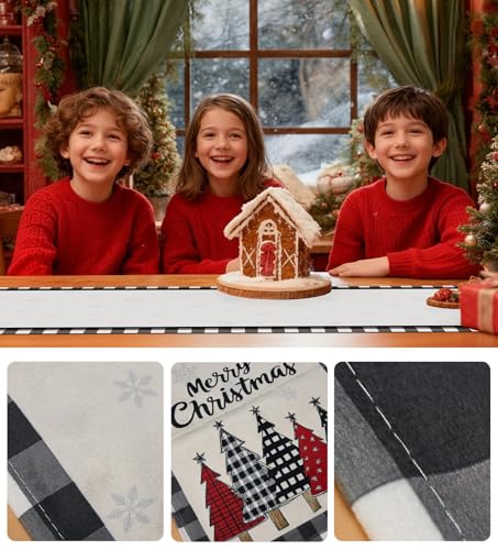 Christmas Table Runner Snowflakes Xmas Tree Decorations with Black Buffalo