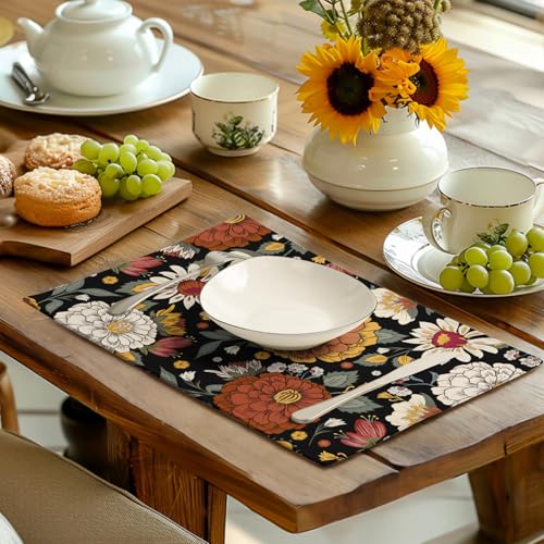 Black Boho Floral Placemats Set of 4 Spring Summer Vintage Flowers Botanical Decorative Table Mats Mid Century Modern Linen Place Mats for Party Kitchen Dining Outdoor Indoor Decor (4 Count)
