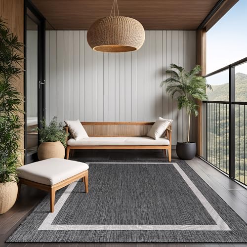 Bordered Outdoor Rug 10x14 Washable Outside Carpet for Indoor Patio Porch Waterproof Easy Cleaning Non Shedding Area Rugs Gray 10 x 14