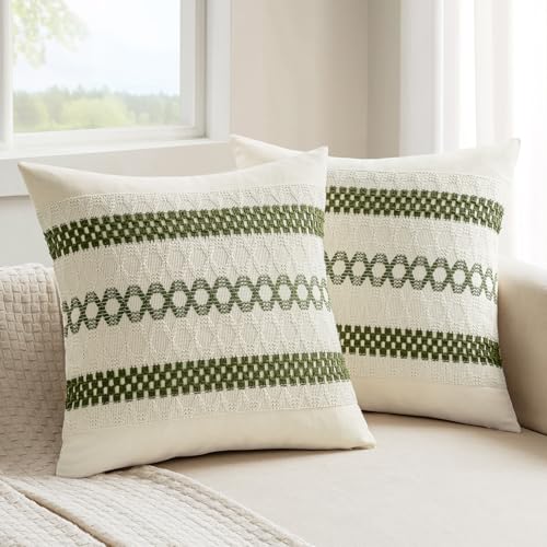 Set of 2 Moss Green Boho Decorative Pillow Covers 20x20 Inch (2 Count)