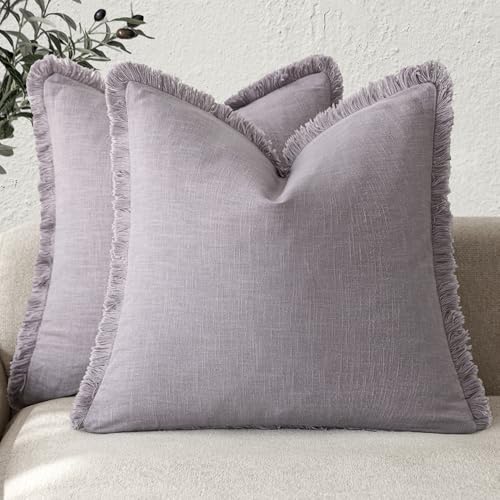 Decorative Linen Fringe Throw Pillow Covers 22×22 Light Purple (2 Count)