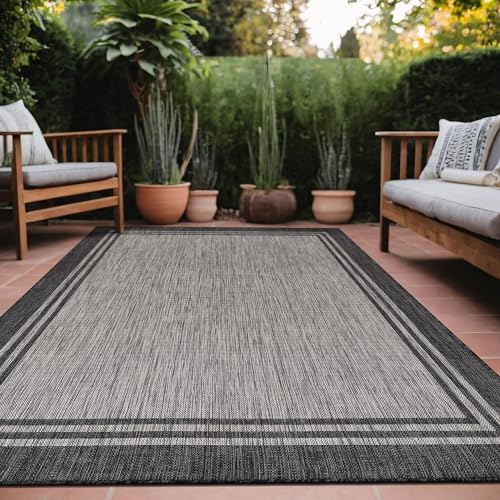 Bordered Outdoor Rug 8x10 Washable Outside Carpet for Indoor Patio Porch Waterproof Easy Cleaning Non Shedding Area Rugs Dark Gray 8 x 10