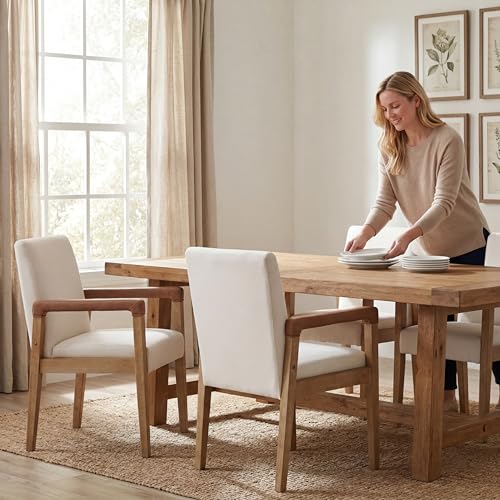 Modern Dining Chairs Set of 2 Linen Fabric Kitchen Arm Chairs Upholstered Accent Chairs with Wooden Legs for Dining Room (2 Count)