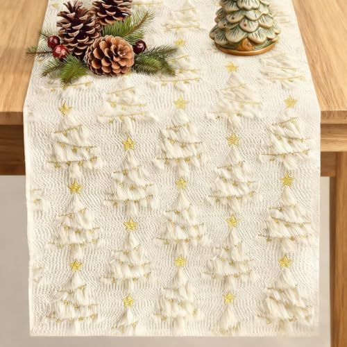 Christmas Table Runner Christmas Trees Beige Soft Plush Faux Fur 13x72 Inch (6.5 Sq Ft)
