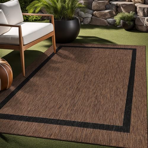 Bordered Outdoor Rug 6x9 Washable Outside Carpet for Indoor Patio Porch Waterproof Easy Cleaning Non Shedding Area Rugs Nut Brown