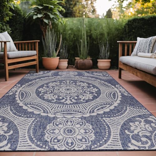 Medallion Outdoor Rug 10x14 Washable Outside Carpet for Indoor Patio Porch Waterproof Easy Cleaning Non Shedding Area Rugs Blue 10 x 14