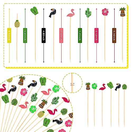 100pcs 5" Hawaii Cocktail Picks Summer Tropical Flamingo Hawaiian Theme Decoration Toothpicks Drink Fruit Sticks Food Appetizer Charcuterie Skewers for Beach Luau Tiki Themed Party Decorations (100 Count)