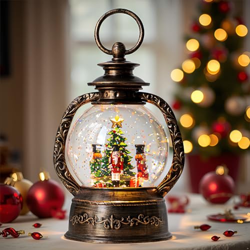 Christmas Snow Globe Lantern Water Glittering Nutcrackers with Music & Timer