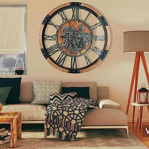 36'' Large Wall Clock Real Moving Gears Oversized Industrial Solid Wood Rusic Farmhouse Clocks for Living Room Wall Decor Home Office
