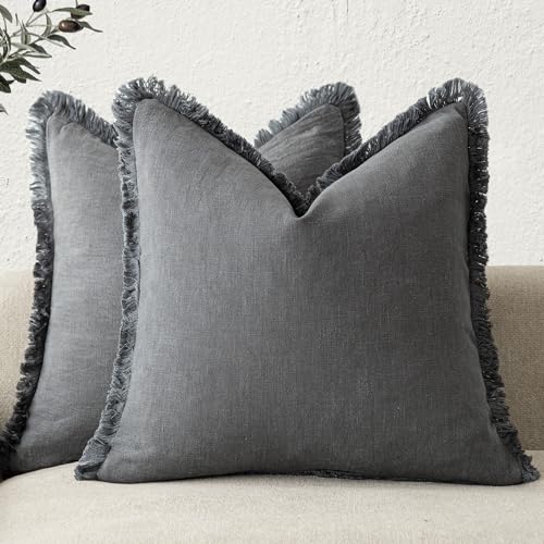 Decorative Linen Fringe Throw Pillow Covers 18×18 Inch (2 Count)
