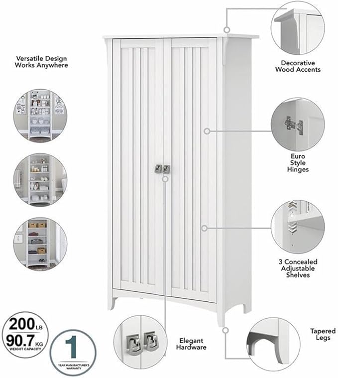 Bush Home Salinas Tall Storage Cabinet with Doors in Shiplap Gray and Pure White, Office Storage Unit, Organizer for Home or Workspace, Adjustable Shelving