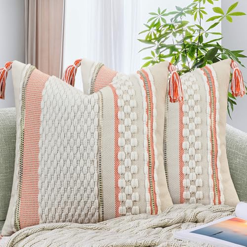Set of 2 Chenille Striped Textured Boho Throw Pillow Covers Aesthetic with Tassels Woven Decorative Pillow Case for Couch Bed Sofa Bedroom Modern Funky 18 x 18 (2 Count)