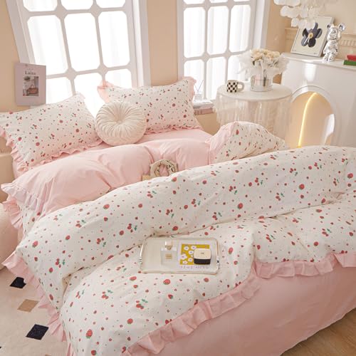 Strawberry Print Comforter Set Pink White Ruffled Bedding Comforter Full Size Soft Fluffy Floral Bedding Set Kawaii Strawberry Fruit Comforter Set for Kids Girls Lightweight and Cozy for All Seasons
