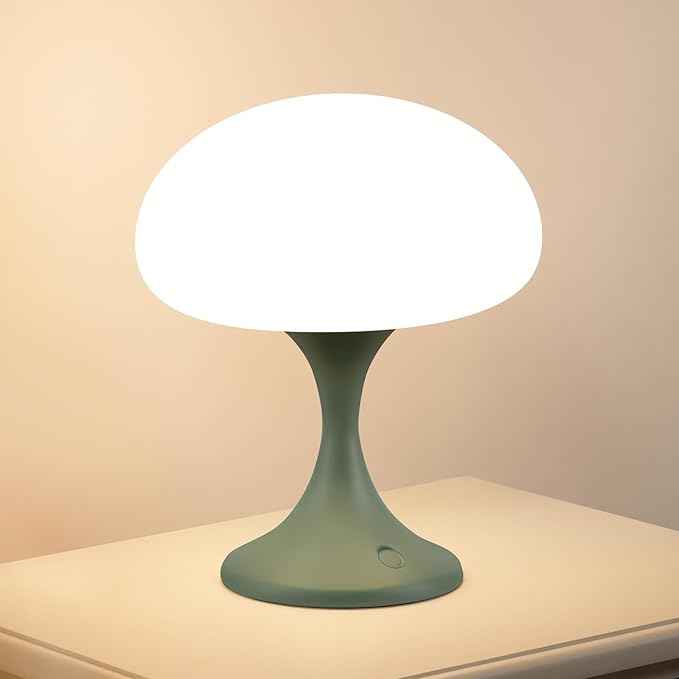 Mushroom Lamp, 5W LED Cordless Rechargeable Table Lamp with Glass Shade, Small Retro Dimmable Touch Light with 3 Color Temps, Aesthetic Mid Century Bedside Light for Bedroom Ambient, Green