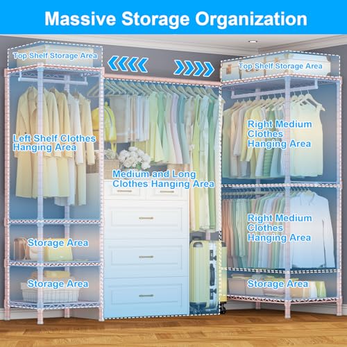 E10L L Shaped Clothes Rack for Corner（With Expandable Hanger Rod）Heavy Duty Freestanding Clothing Racks for Hanging Clothes
