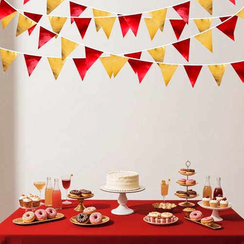 Red Gold Party Decorations Metallic Fabric Triangle Pennant Banner Flag Bunting Garland for Graduation Birthday Wedding Bachelorette Anniversary Baby Shower Christmas Holiday New Year Party Supplies (36 Count)