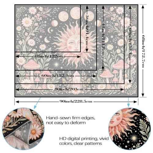 Boho Pink Sun Moon Phase Daisy Flower Mushroom Tapestry 48 x 36 Inch