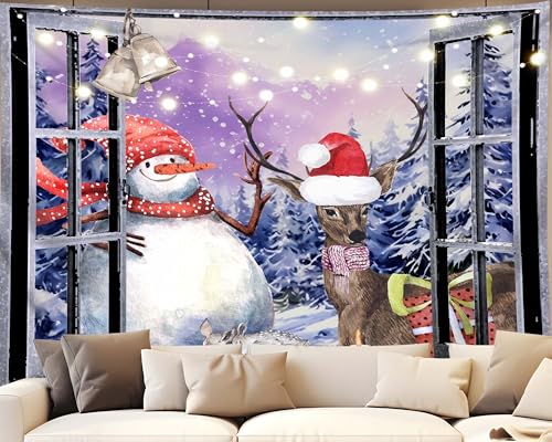 Christmas Window Tapestry Wall Hanging Christmas Backdrop Winter Window Wall Decor Xmas Snowman Deer Tapestries for Bedroom Living Room Dorm Holiday Party Decoration