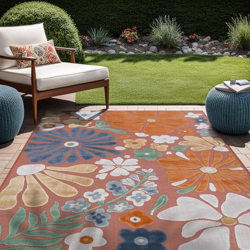 Outdoor Rug 6x9 Modern Floral Tropical Area Rugs for Outdoor and Indoor Patio Easy to Clean Non Shedding Living Room Porch Garden Washable Outside Carpet (58.5 Sq Ft)