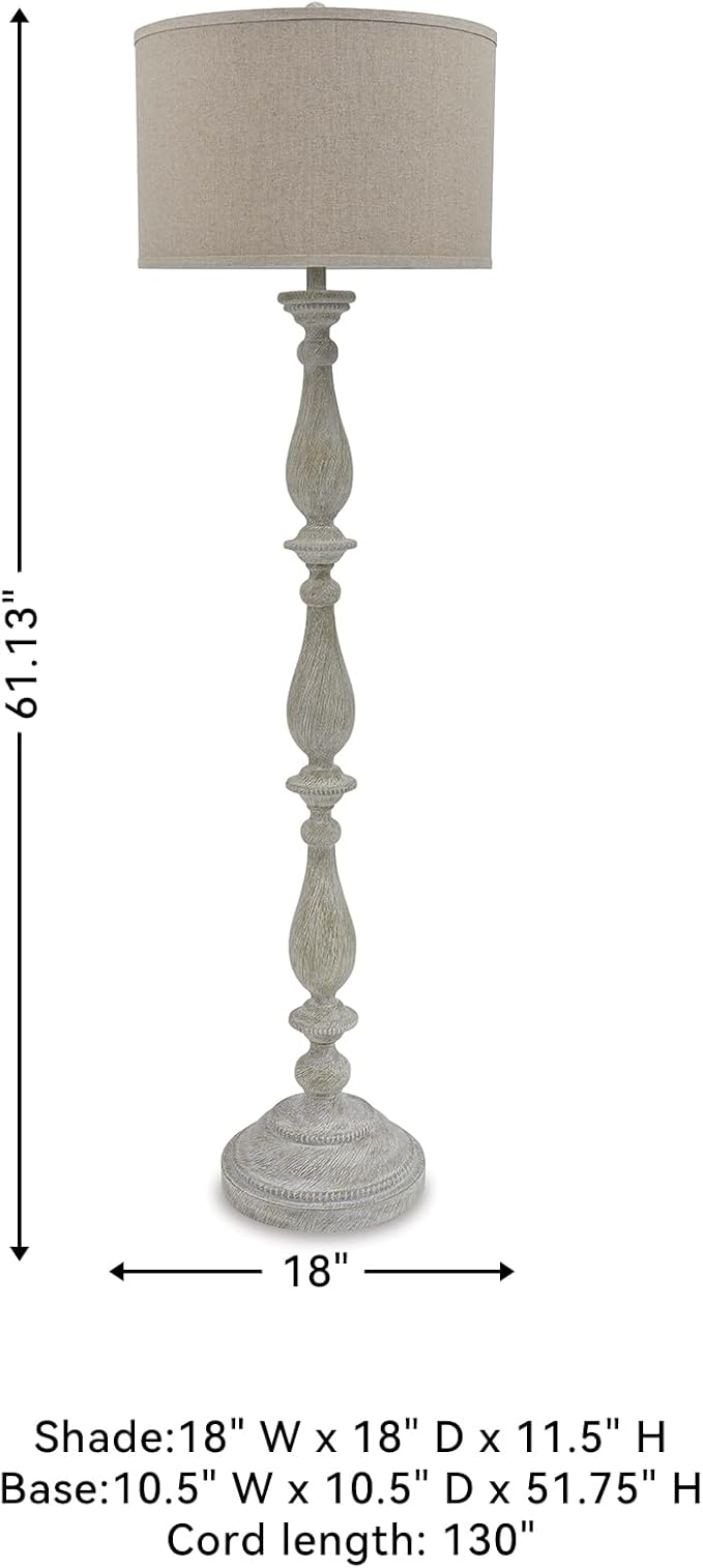 Signature Design by Ashley Bernadate Cottage Candlestick Design Poly Floor Lamp, 3-Way Switch, Cast Resin & Fabric Drum Shade, 18" W x 18" D x 61.13" H, Whitewash