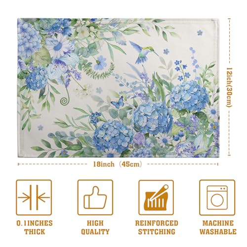 Blue Hydrangea Placemats Set of 4 Spring Summer Floral Green Leaf Bird Table Mat 12x18 Inch Rustic Daisy Flowers Hummingbird Place Mats for Party Kitchen Dining Outdoor Indoor Decor (4 Count)