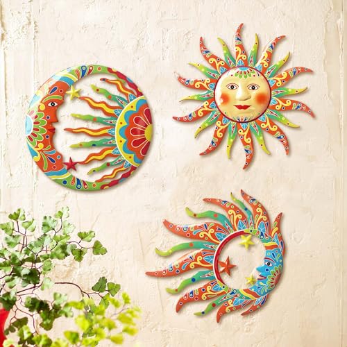 Vivid Sun Moon Sun Face Metal Wall Sculpture Set of 3 (3 Count)