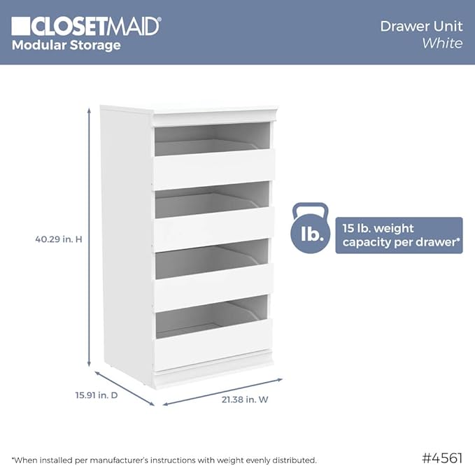 ClosetMaid Modular Storage Unit with 4 Drawers, Wood Closet Organizer, Stacking, Full Backer, Storage, Decorative Trim, White