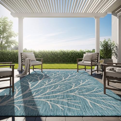 Washable Indoor Outdoor Rug 9x12 Modern Area Rugs Branch Pattern Non Shedding Waterproof Easy Clean Patio Deck Porch Living Room Bedroom Garden RV (108 Sq Ft)